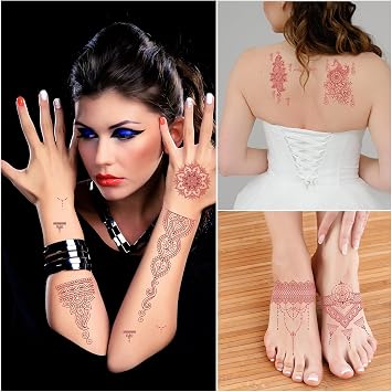 12 Sheets Red Henna Temporary Tattoos - Realistic Mehndi Body Art Stickers for Hands & Arms, Fake Tattoos for Weddings, Festivals & Parties