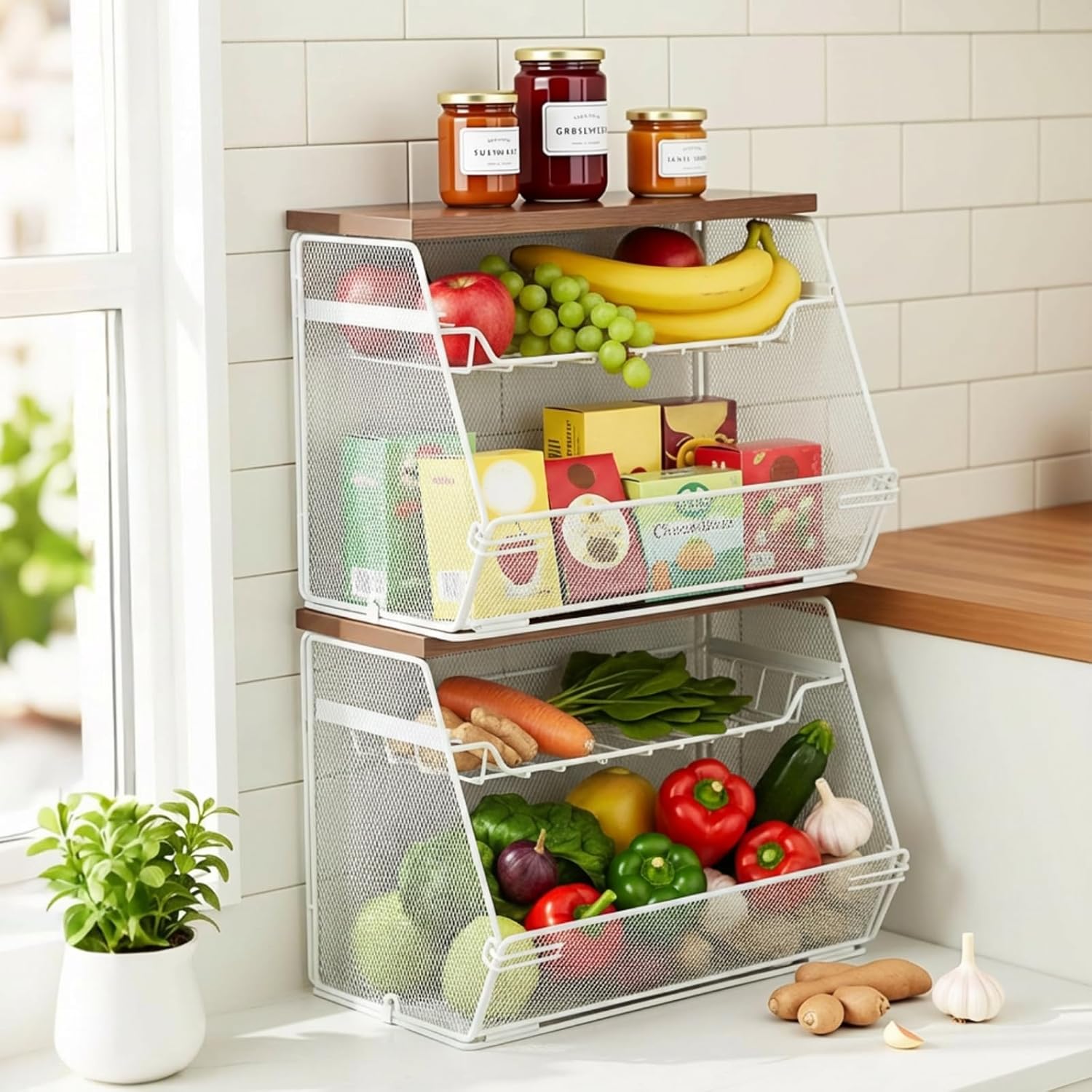 2 Pcs Stackable Fruit Basket with Lid for Kitchen Counter Storage Basket with Drawer Mesh Wall Hanging Wire Baskets with Lid Metal Vegetable Container for Kitchen 13.8 x 8.3 x 9.8''(White)