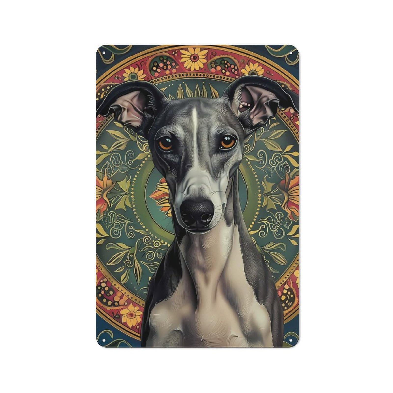 Junmoney Mandala Greyhound Cottage Style Metal Wall Decor 30X20cm, Farmhouse Metal Sign For Dining Room, Cafe, Entryway Or Family Room