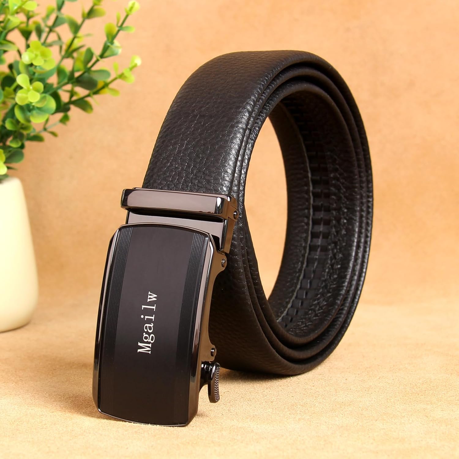 Men's Leather Ratchet Belt 1 3/8" Genuine Leather Automatic Buckle Dress & Casual Trim to Fit