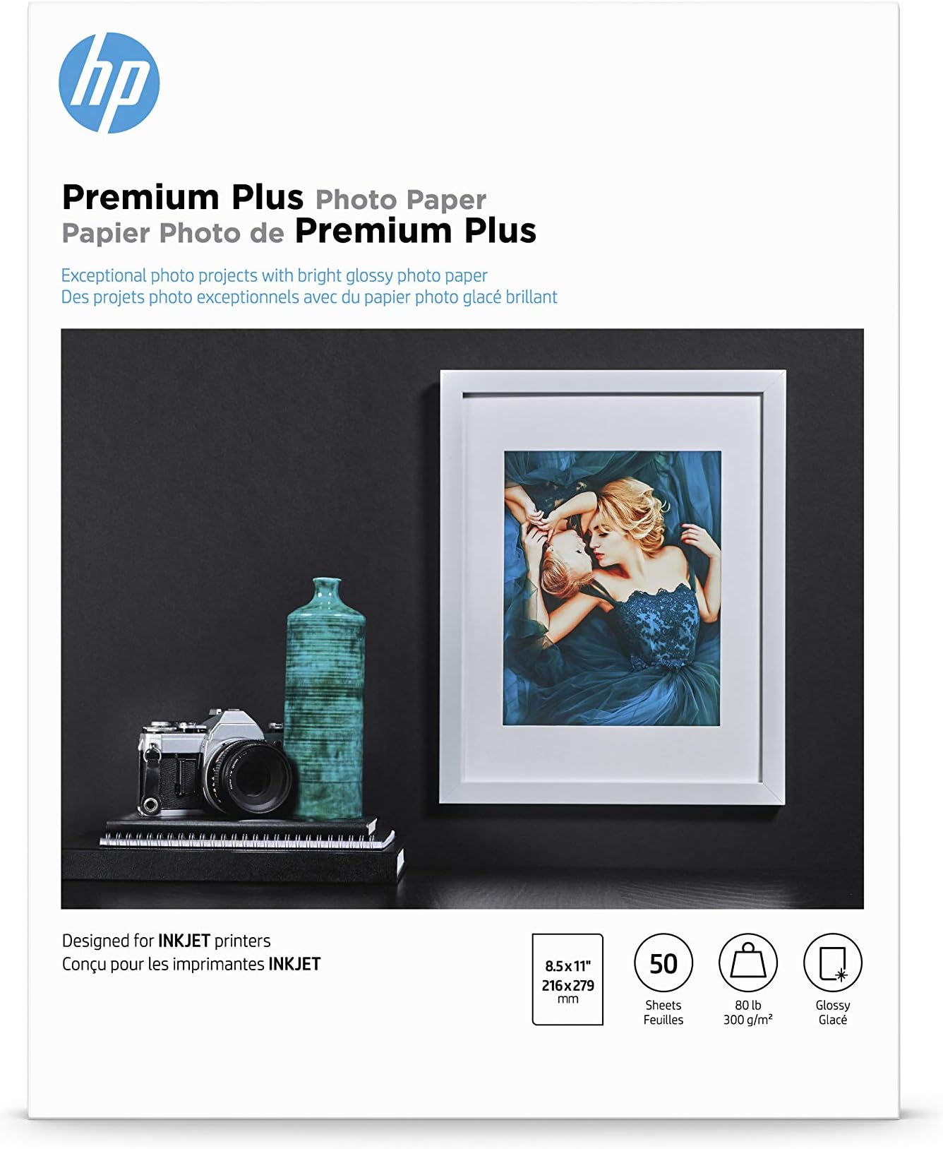 HP Premium Plus Photo Paper - Designed for HP Inkjet Printers, Glossy, 8.5x11 in, 50 sheets - (Pack of 1), (CR664A) White