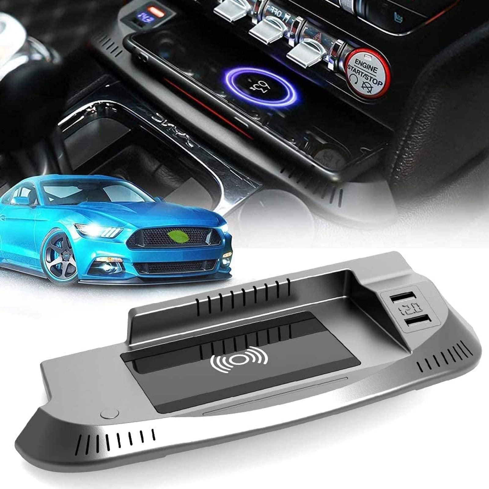 Wireless Car Charger for 2021 2020 2019 2018 2017 2016 2015 for-d Mustang Center Console Accessory Panel,15W Fast Charging 3 Coils Phone Charger Pad with QC3.0 USB Port for All QI Smartphones