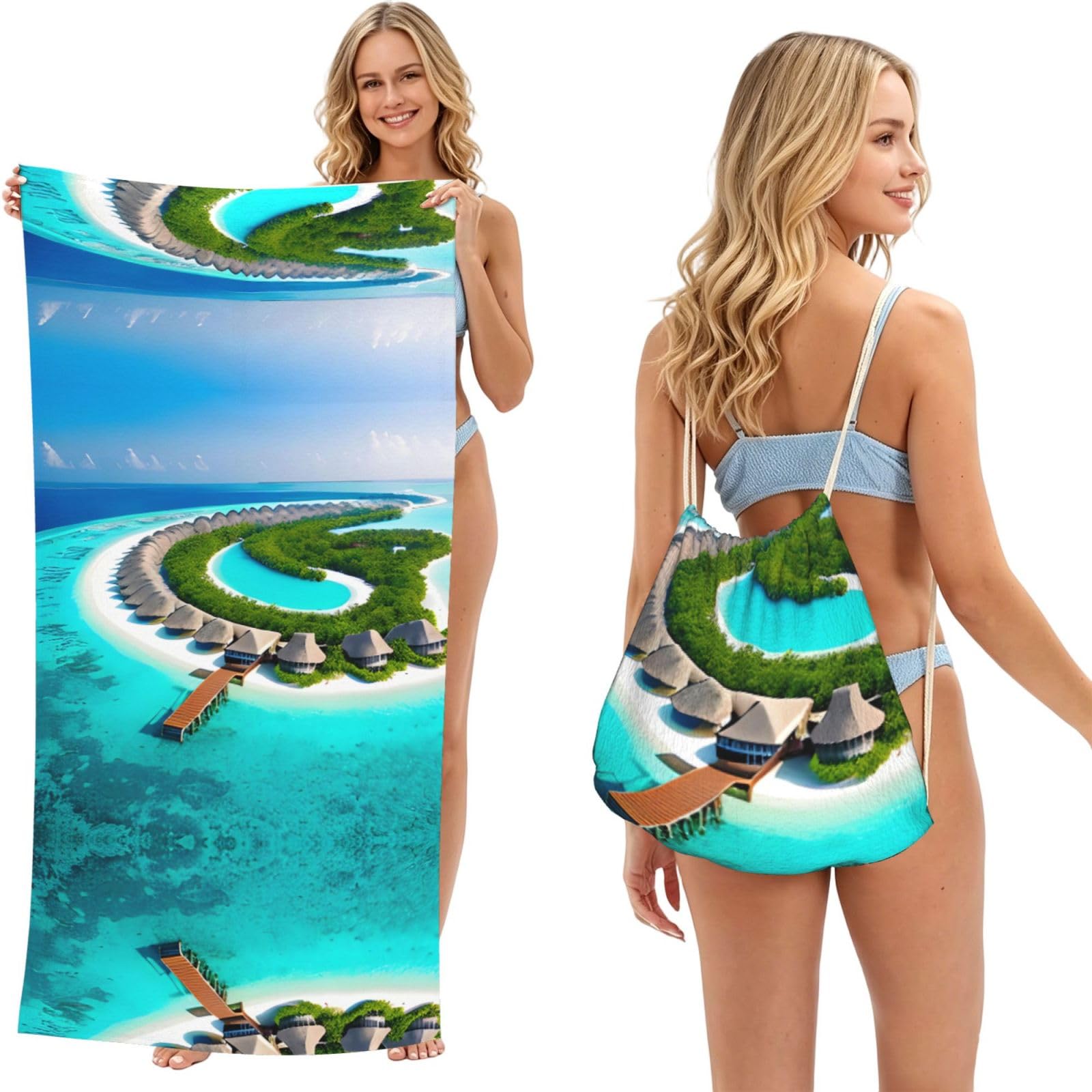 SXZVVBN Maldives Scenery 2-in-1 Beach Towel Bag, Quick Dry Sand Free Travel Towel Backpack for Adults