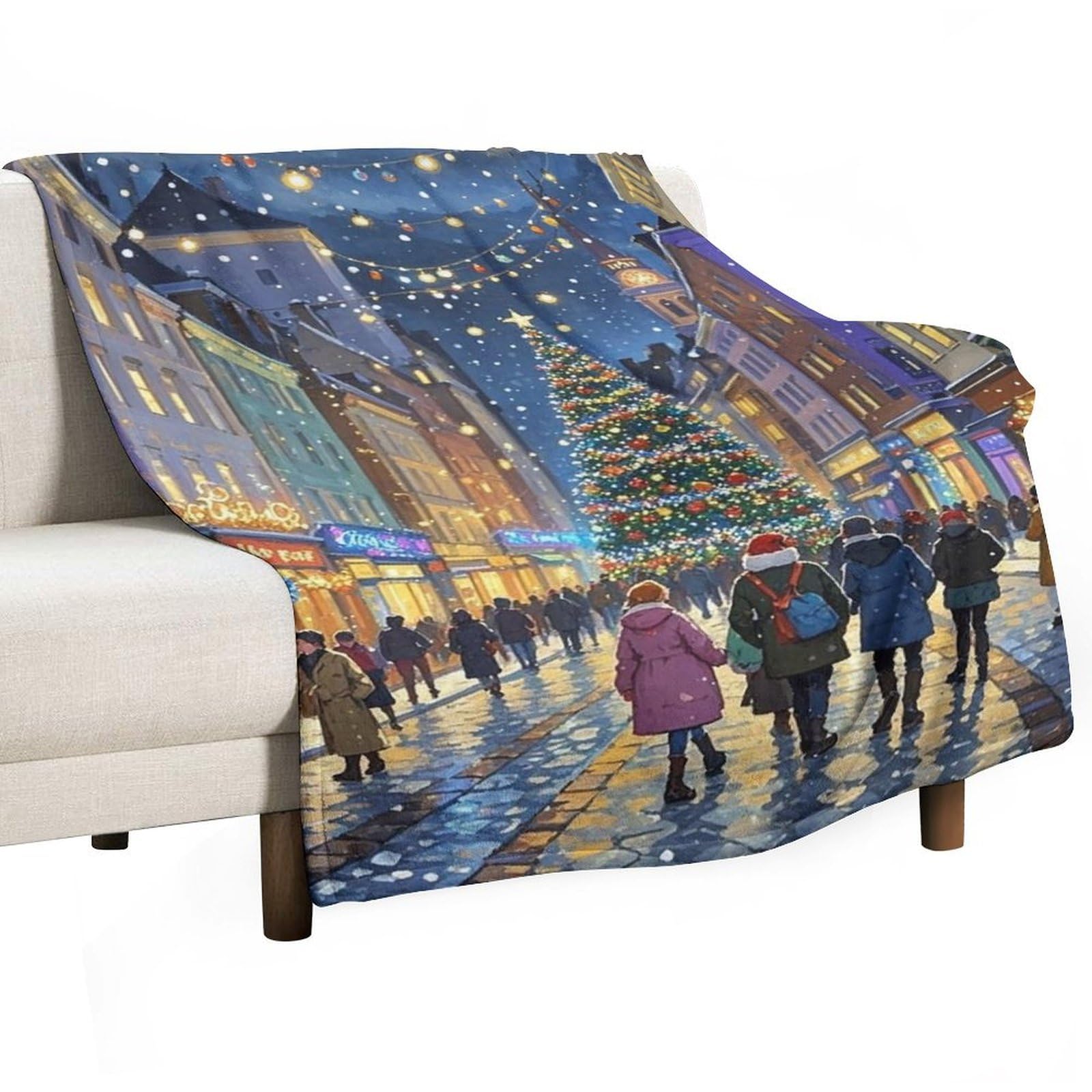 Couverture flanelle plaid léger lit et canapé motif ville d'hiver