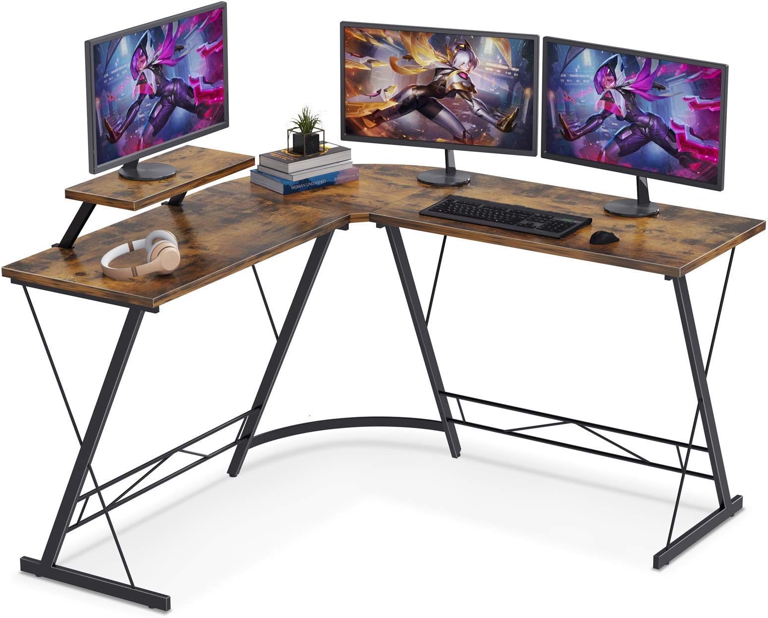 KH L Shaped Desk Home Office Desk with Round Corner Computer Desk with Large Monitor Stand Desk Workstation Modern Sturdy Gaming Home Office Desks (Brown)