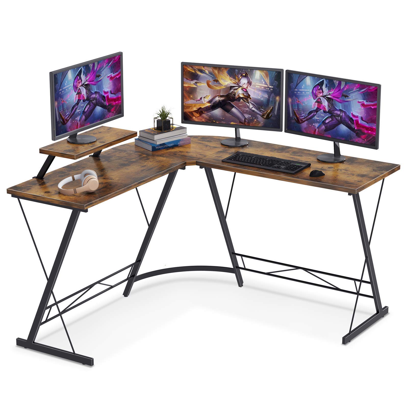 KH L Shaped Desk Home Office Desk with Round Corner Computer Desk with Large Monitor Stand Desk Workstation Modern Sturdy Gaming Home Office Desks (Brown)