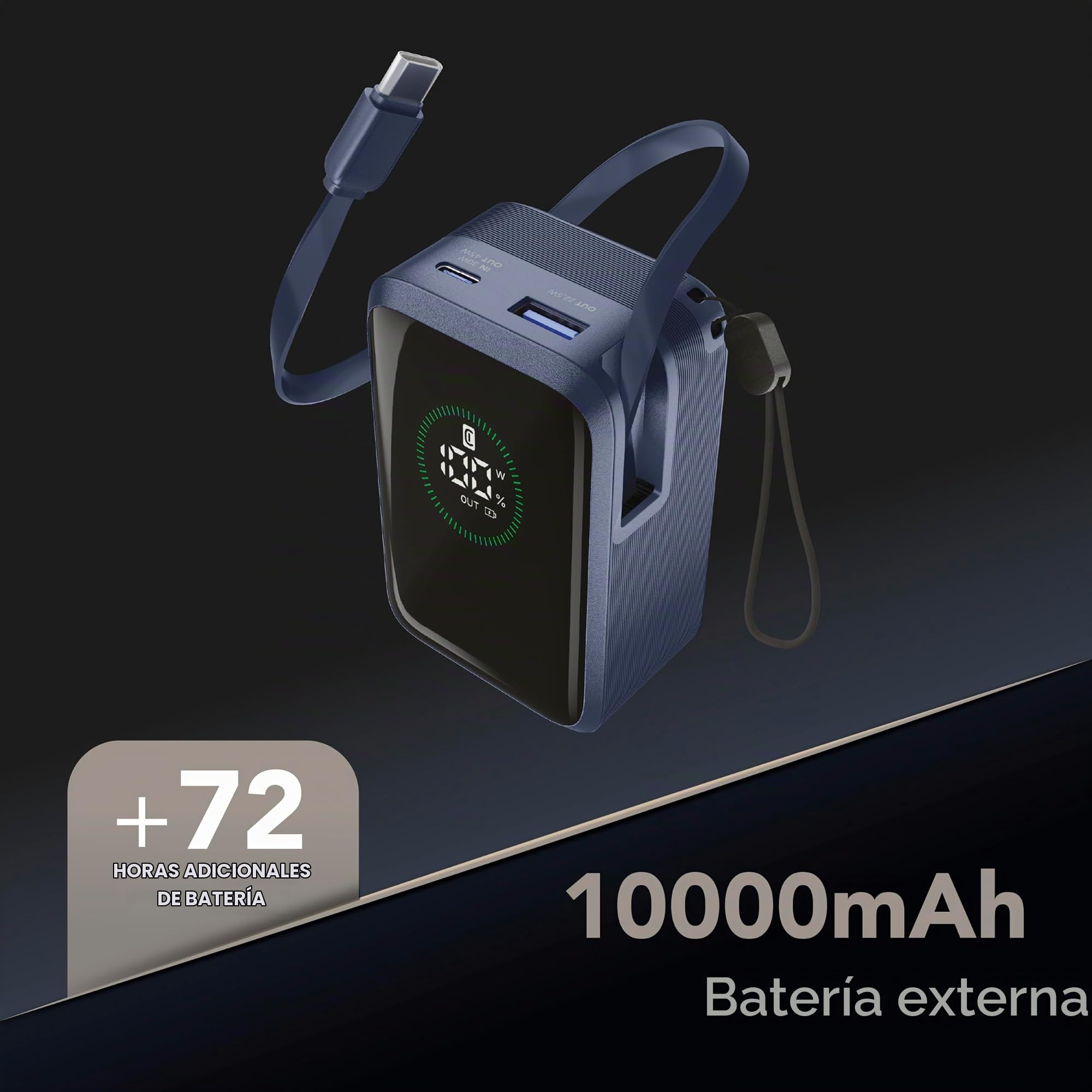 Cellularline batería Externa Roller 10.000 mAh con Carga rápida de hasta 45 W, Cable USB-C retráctil de 70 cm, Pantalla LCD, Carga simultánea para 3 Dispositivos, Negro