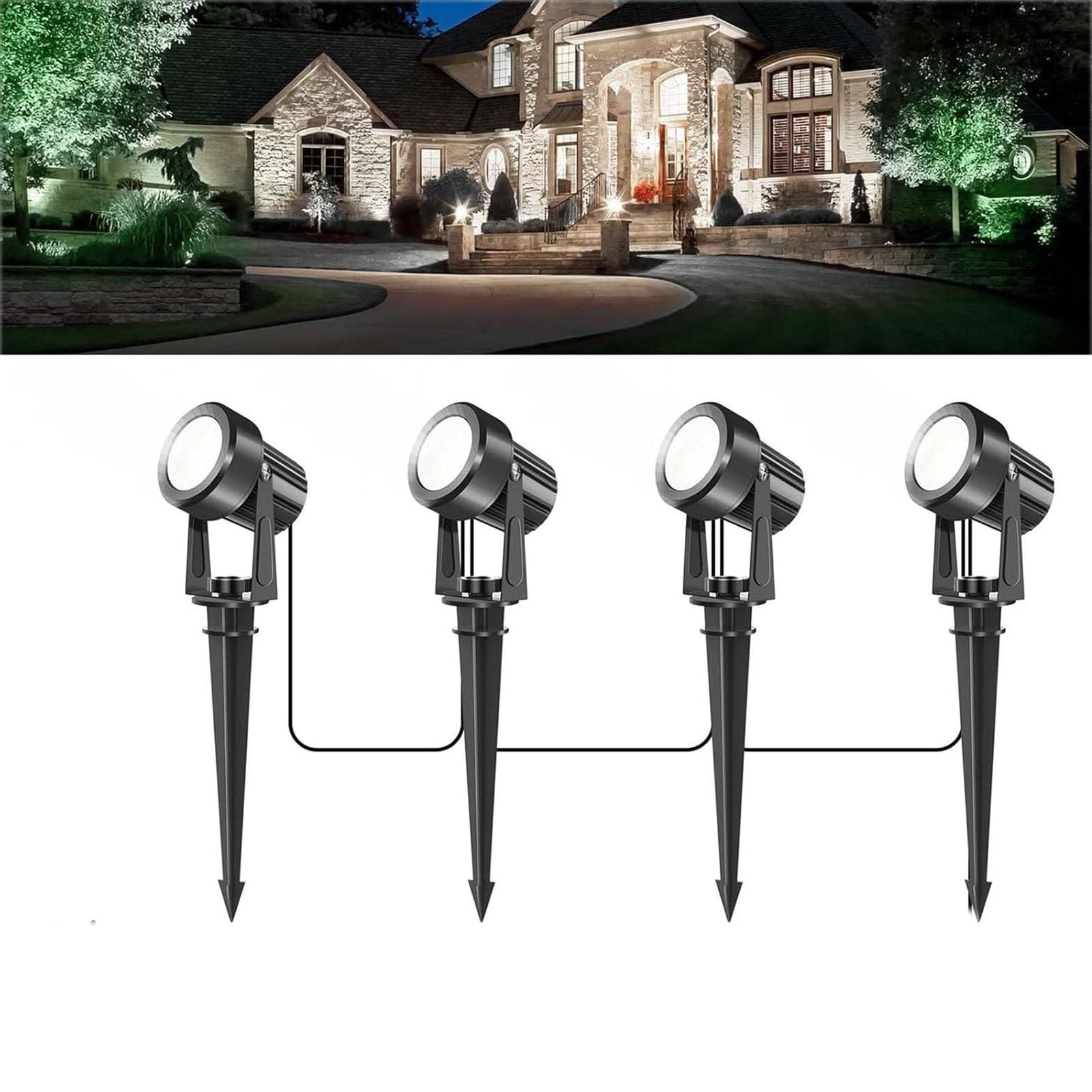 JOUFNING Outdoor Landscape Spotlights 12W, Garden Buried Lights, LED 4-in-1 Spike Lights with Adapter, IP65 Waterproof 5V Spike Light, for Lawn, Pathway, Yard(6000k-4 in)