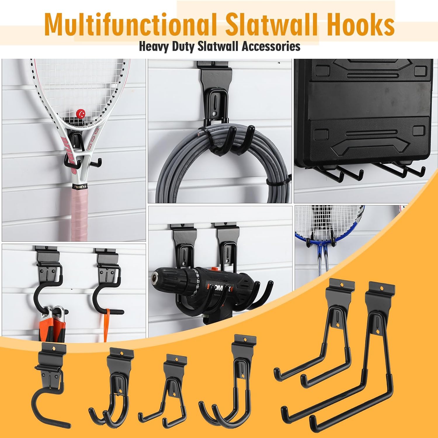 Duraaamo 24 Pack Slatwall Hooks Set, Metal Multi Sizes Heavy Duty Single and Double Slatwall Panel Hanging Hooks and Hangers Accessories for Storage Garage Garden Home, Black