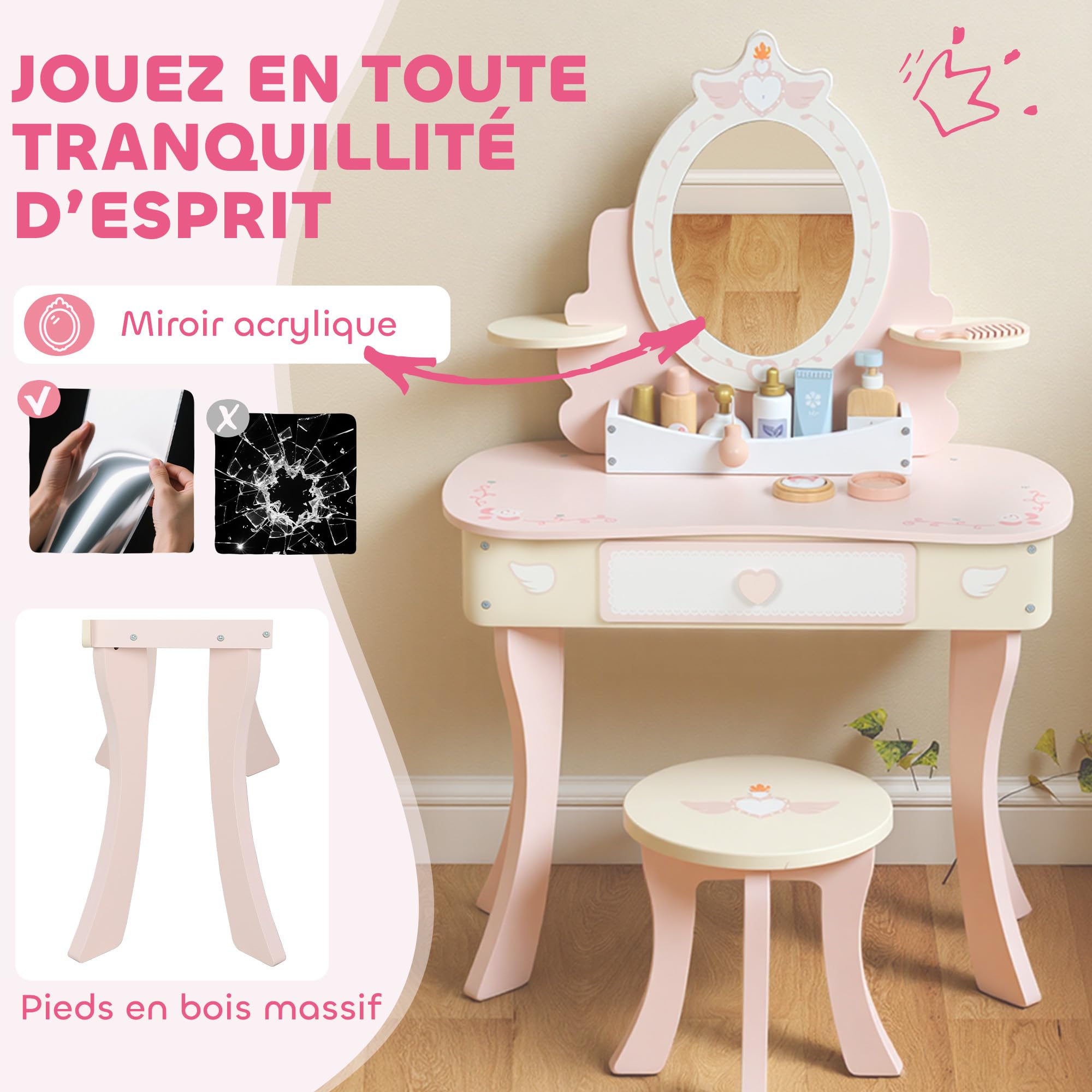 AIYAPLAY Coiffeuse Enfant Fille 2 en 1 avec 7 Accessoires de Jeu, Table de Maquillage avec Miroir en Acrylique, Tabouret, tiroir et Compartiment Ouvert, 59,8 x 29,6 x 89,8 cm, Rose