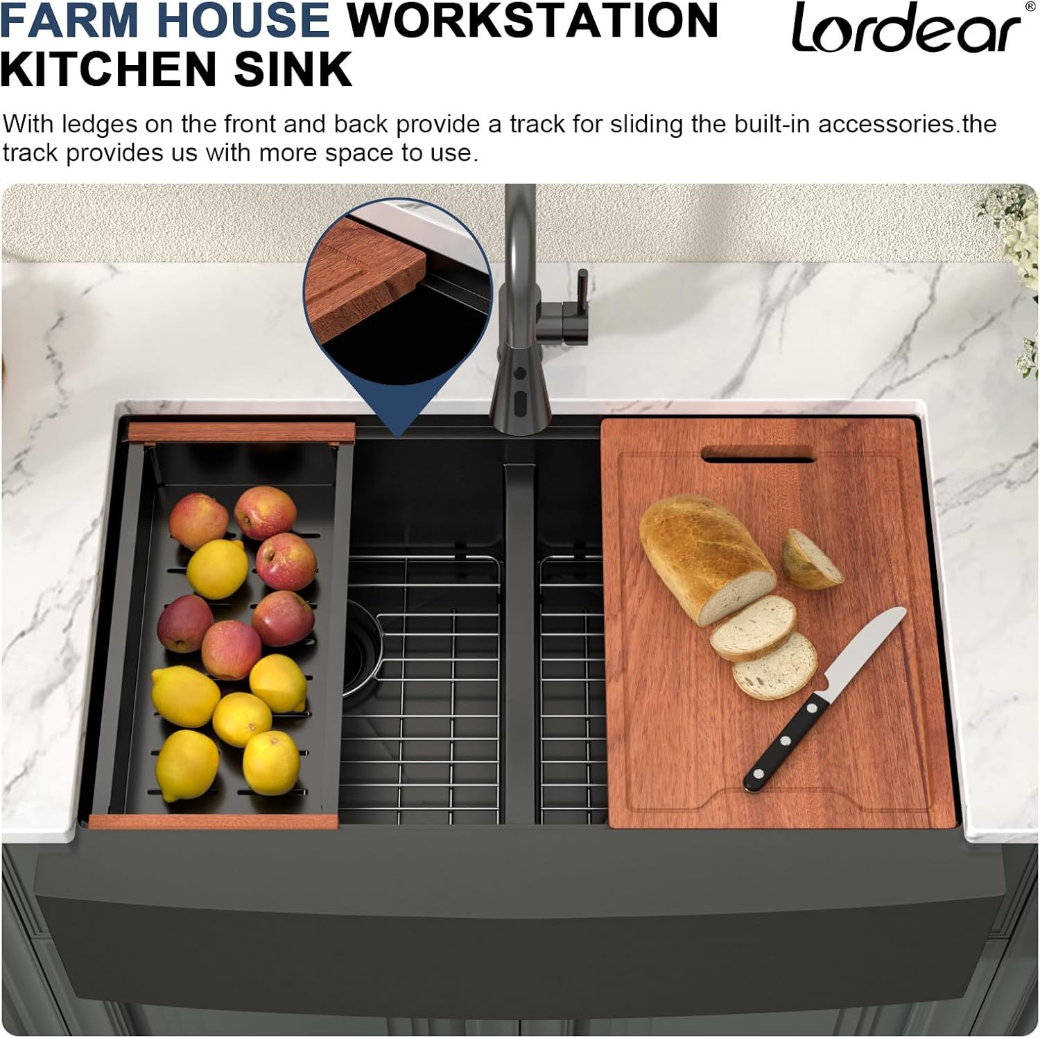 Lordear Matte Black Double Bowl Farmhouse Kitchen Sink 33 Inch Apront Front | 1