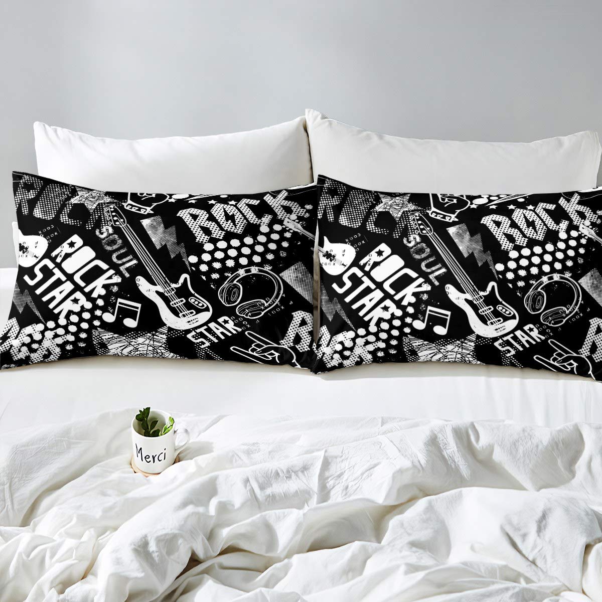 Juego de Cama con temática de música Rock para niños y niños, Color Negro y Blanco con Graffiti Musical, Funda de edredón para Instrumentos Impresos, de habitación Doble, 3 Piezas