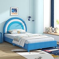 Vista 19 de HONEY JOY Marco de cama individual para niños, plataforma de cama individual de madera con cabecera y base de listones, no necesita somier, muebles