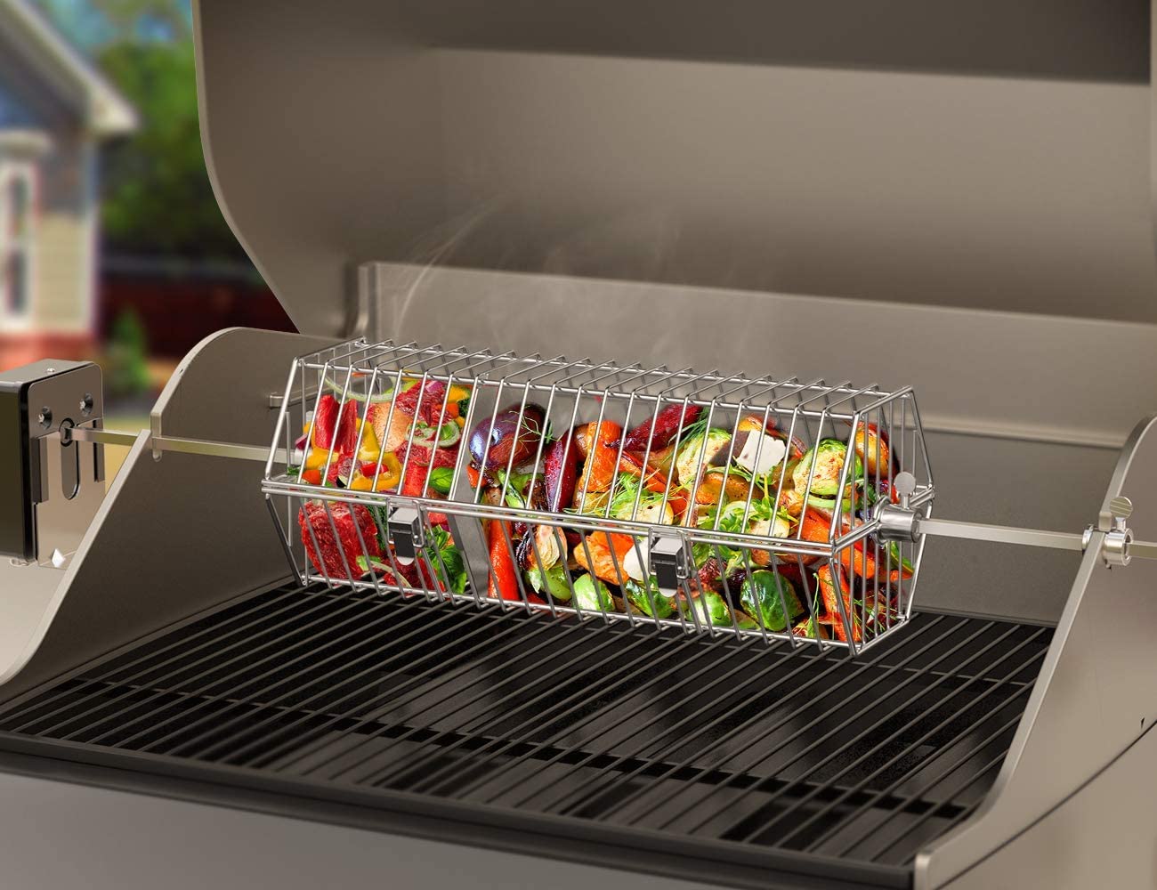 onlyfire BRK-6041 17 Pollici in Acciaio Inox Tondo Tumble girarrosto Canna Cesto Si Adatta per Qualsiasi griglia a Gas, 40x17x 15.5 cm