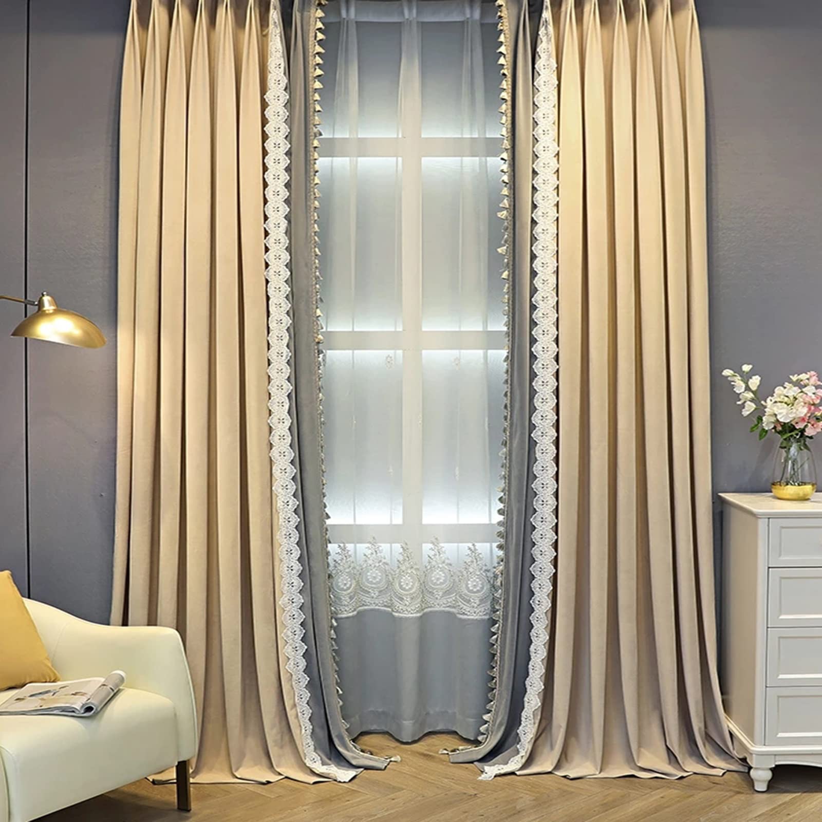 Rideaux et Draperies Nouveau léger luxe en dentelle française coutures en velours et rideaux de panne de courant for chambre et salon Rideau Occultant ( Color : Tulle , Size : W200cmxH250cm 1PC )