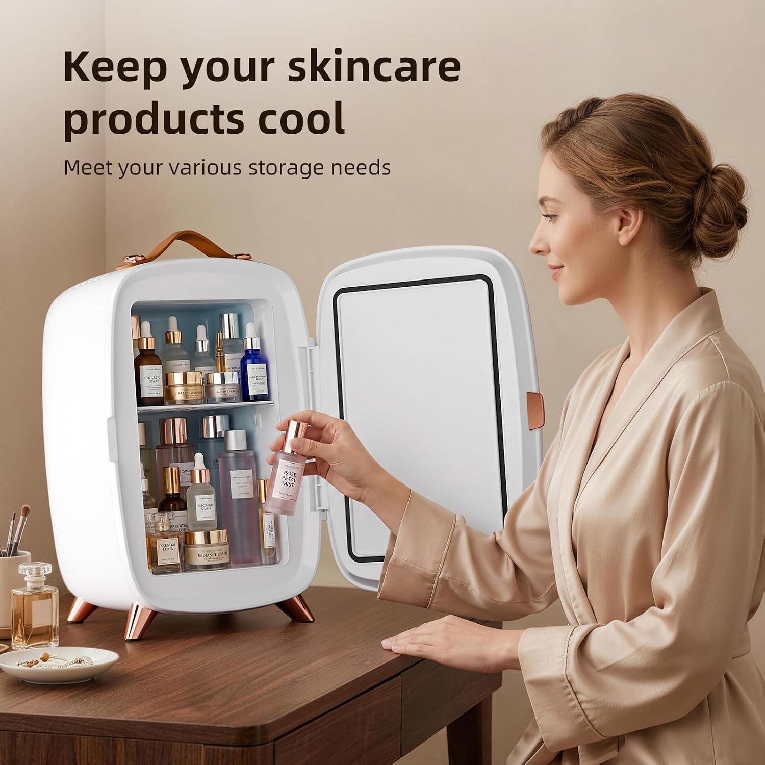 Antarctic Star 6L/8 Cans Makeup Mini Refrigerator with Dimmable LED Light Mirror for Bedroom, Car, Office & Dorm,Portable Small Cooler for Cosmetics,Skin Care,WHITE