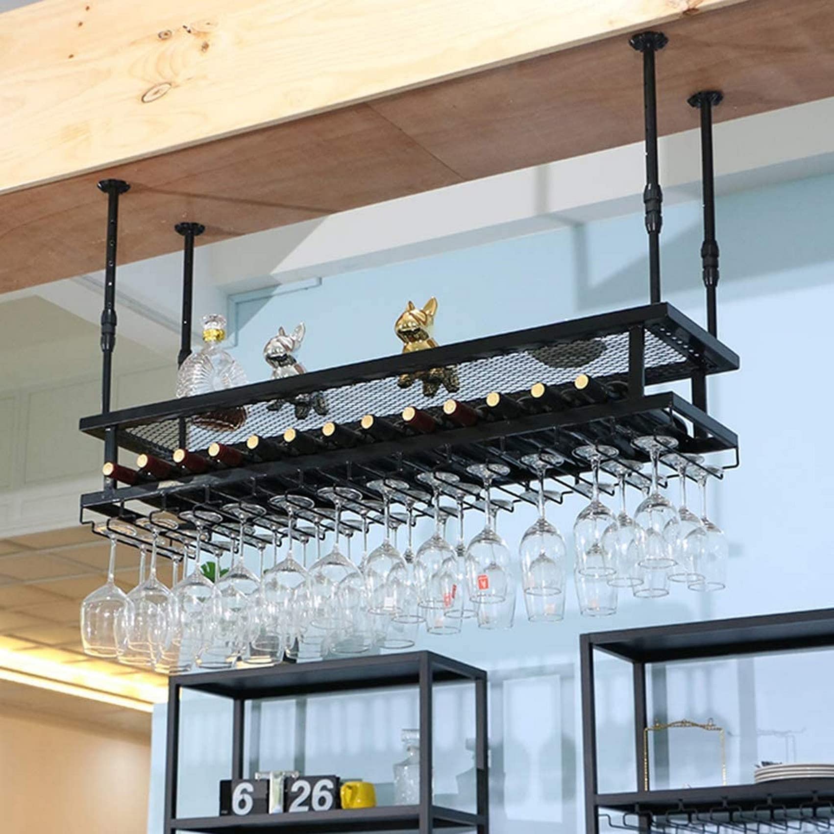 Casier à vin suspendu 80x30cm réglable en hauteur avec support verres à pied