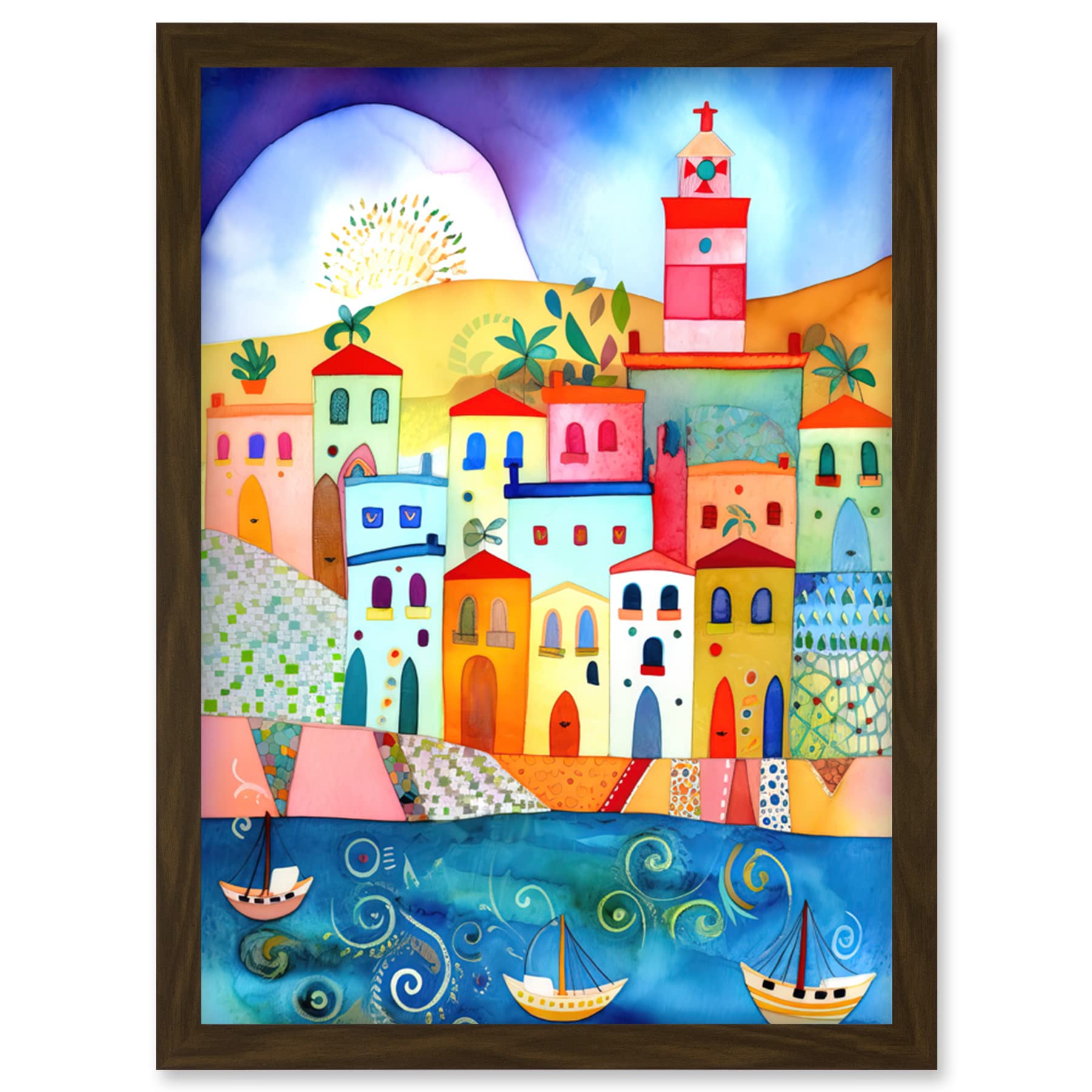 Artery8 Tunisia Seaside Town Folk Art Framed Wall Art Print A4 - Brown