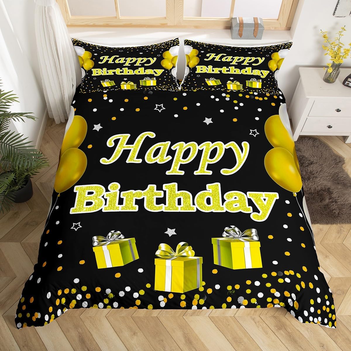 Erosebridal Birthday Decorations for Boys Bedding Set Queen, Happy Birthday Theme Duvet Cover Blue Birthday Decorations for Men Bed Set Blue and Silver Party Decorations Bed Covers, No Comforter