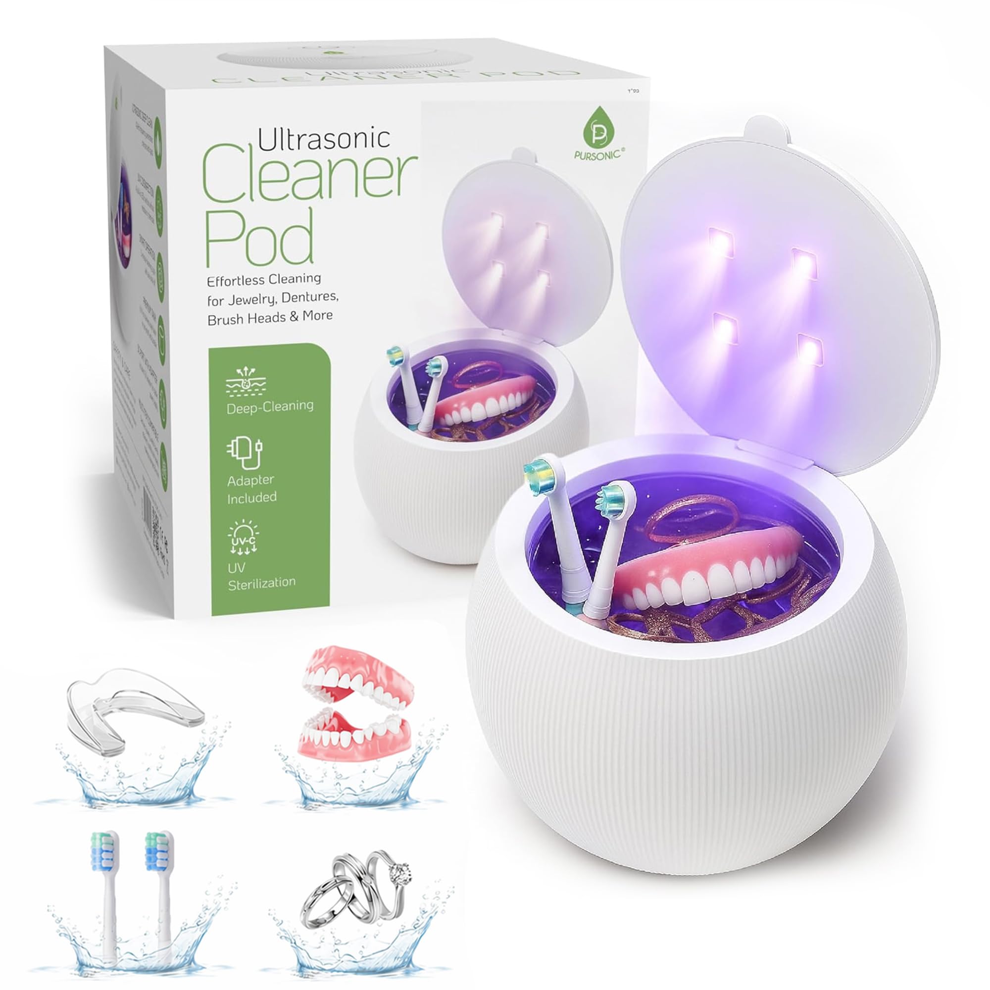 Pursonic Ultrasonic Cleaner Pod - Pulitore compatto a ultrasuoni con luce UV-C e frequenza 42kHz, strumento di pulizia per protesi, testine di spazzolino, gioielli, chiavi e altro