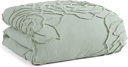 Miniatura 7 de Peri Home Juego de edredón y fundas de almohada de 3 piezas, 100% algodón, color verde chenilla rosa, tamaño King