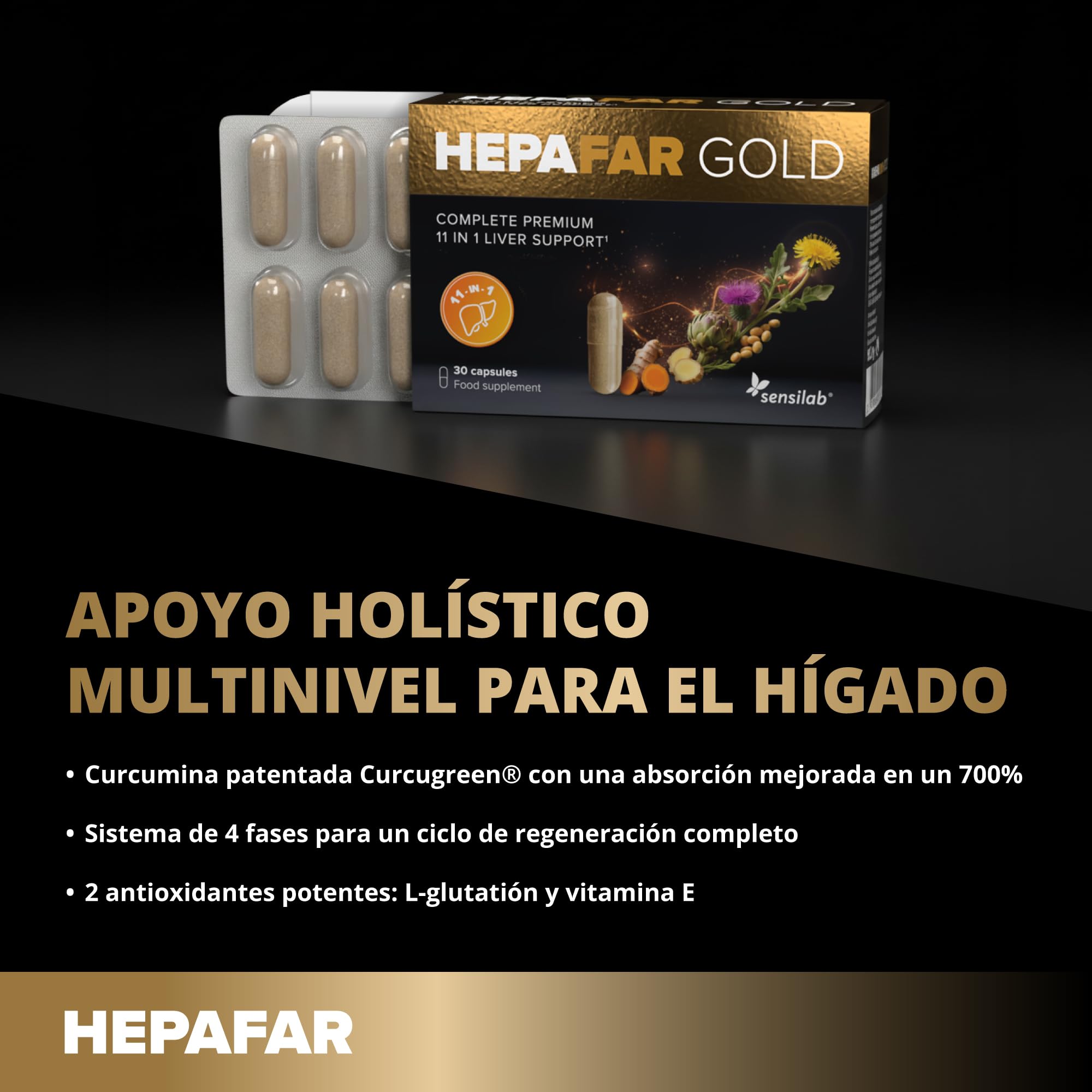 Sensilab Hepafar Gold con Cardo Mariano, Curcuma, Glutation, Colina, Alcachofa, Jengibre, Vitamina E y más - Detox Higado, 60 Cápsulas para 30 Días, Vegano y sin Gluten