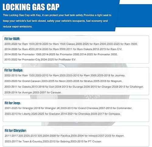 Miniatura 5 de Tapa de gas con bloqueo, tapa de combustible con bloqueo 5278655AA para Dodge Jeep Chrysler 2000-2020 - Ram 1500 2500 3500, Journey, Caravan,