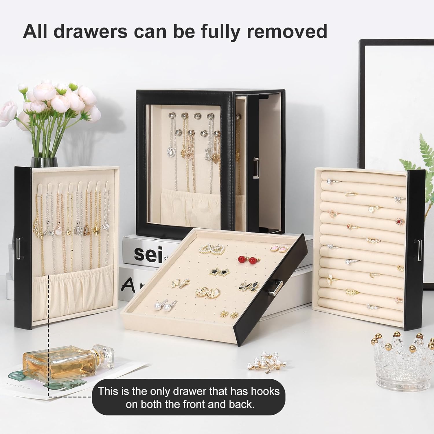 DesignSter Jewelry Box Organizer, Jewelry Box for Women, PU Jewelry Organizer Display Case with Side Drawers, Jewelry Storage for Earring Necklace Ring Bracelet Watch