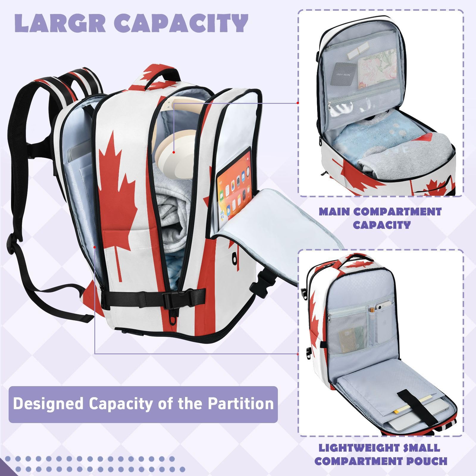 GuoChe Zaino in tessuto twill per laptop da 16 pollici con spallacci regolabili per studenti universitari, Bandiera nazionale del Canada, One Size, Zaini multiuso di base