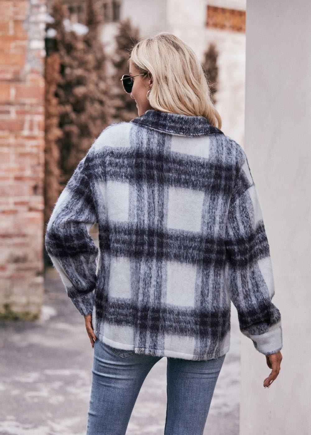 Langarmshirt Damen,Damen-Blusenjacke, Kariert, Langärmelig, Hemd, Vintage-Grau, Wolle, Kurzmantel, Knopfleiste, Shacket, Übergangshemdjacke, Lässig, Baggy-Outwear, Windjacke Mit Tasche