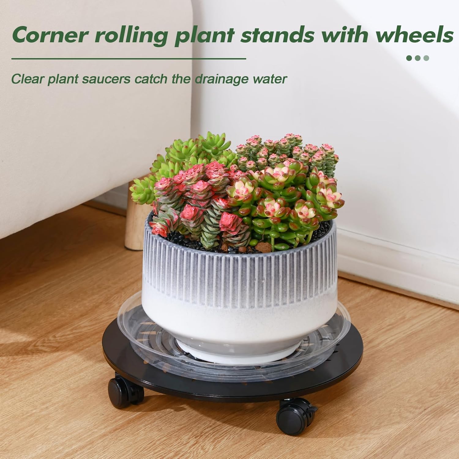 3 Packs Metal Plant Caddy with Wheels 13" Large Rolling Plant Stands Wheeled Plant Dolly Heavy-Duty Flower Pot Roller Base Movers, Black