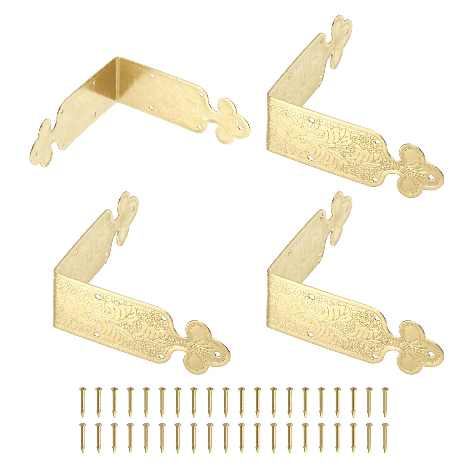 sourcing map 4 Pcs L Shaped Vintage Corner Protectors, 65 x 24 mm Decorative Guards, Protector Corner Braces with 40Pcs Nails for Cabinets Furniture Wooden Boxes, Brass