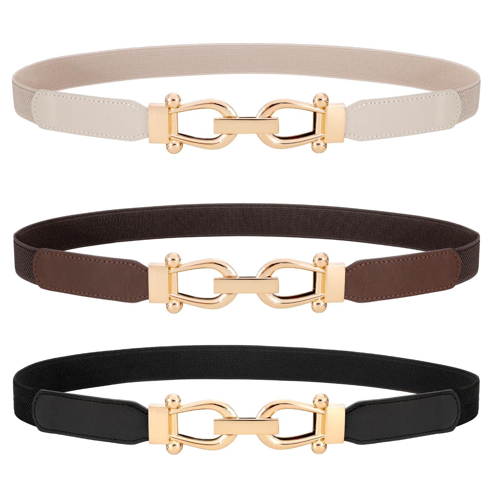 WERFORU 3 Pack Women Skinny Elastic Waist Belt Gold Buckle Stretchy Thin Belt for Jeans Dress