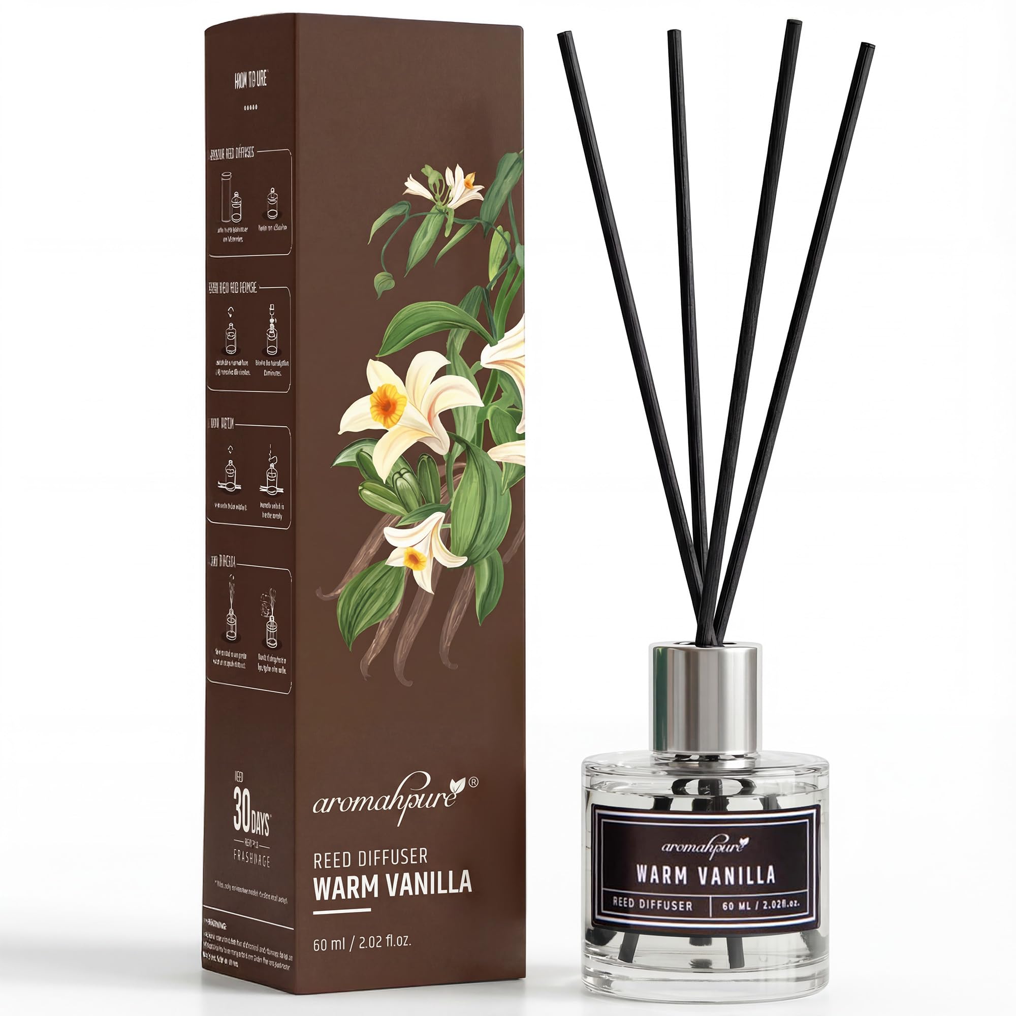 Premium Reed Diffuser Set 60 ML with 4 Fiber Reed Sticks | Vanilla Long Lasting Upto 35 Days | Room Freshener for Bedroom, Washroom, Office | Toxin Free, Aromatherapy, Stress Relief