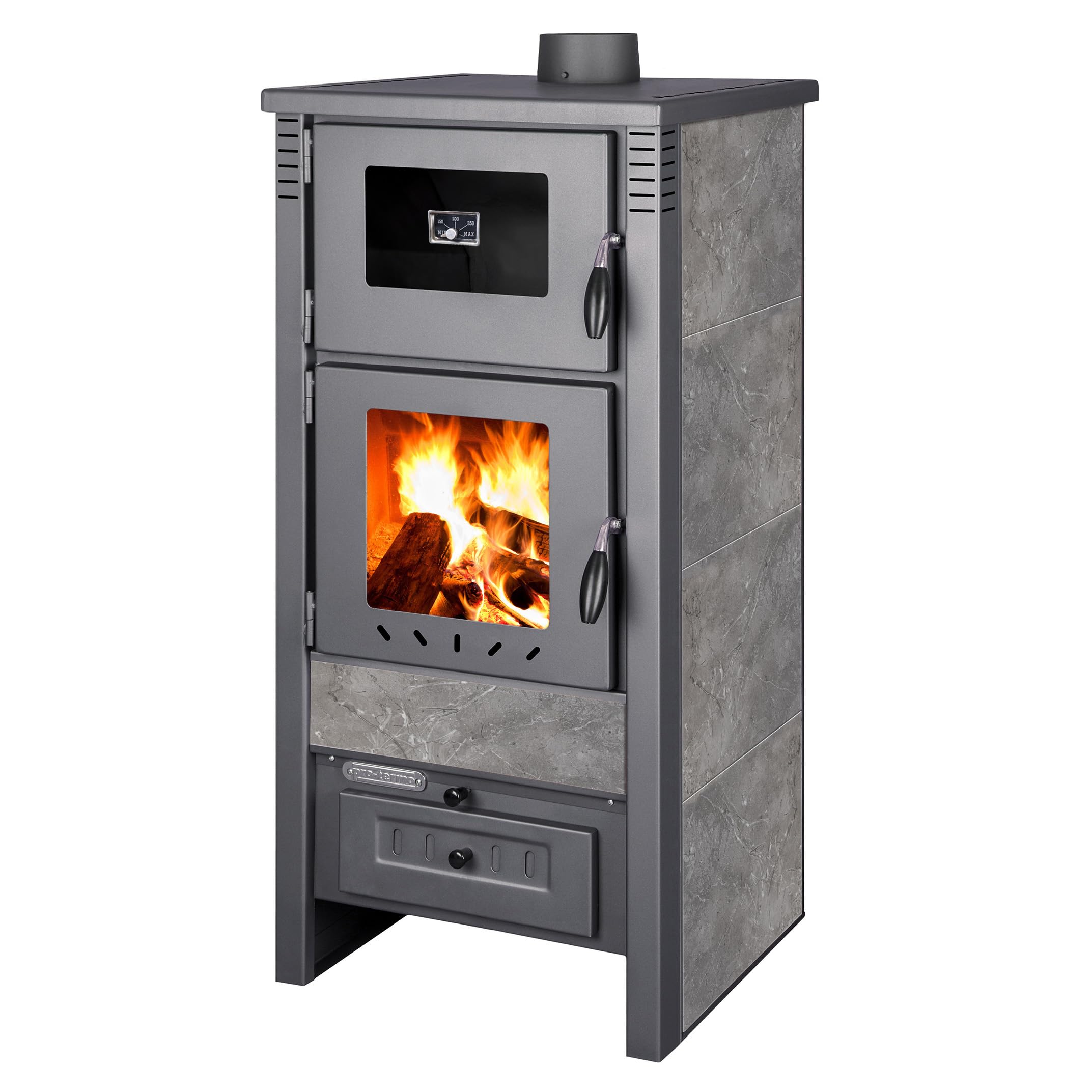 ProTermo Taurus Schwarz/Antrazit Kaminofen mit Backfach – 12kW Heizleistung - Holzofen mit Schamottstein Energieeffizienzklasse A 52 x 50 x 107cm 2 Sichtfenster