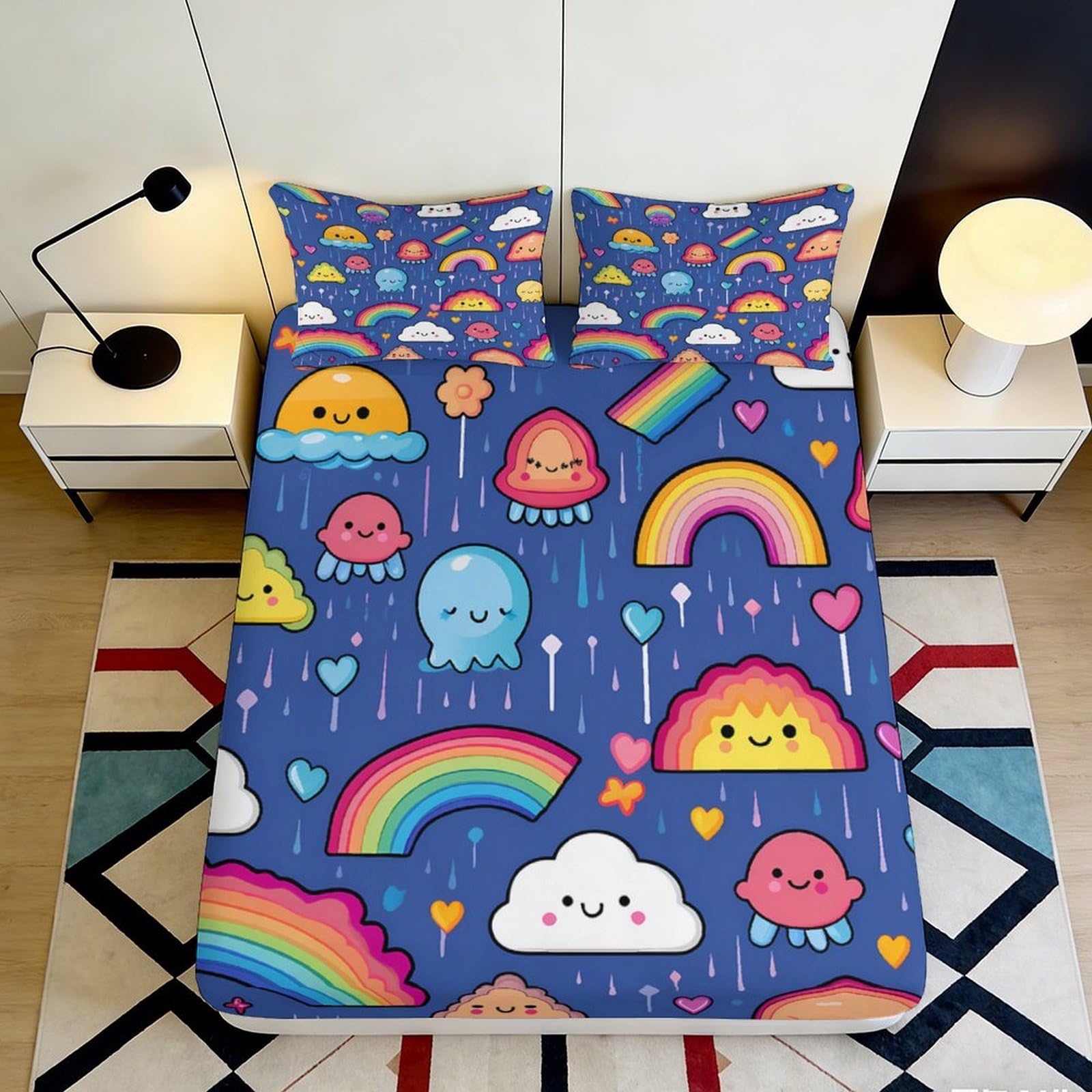 3D Printed Cute Rainbow Cloud Fitted Sheet Microfiber Soft Cartoon Bed Cover for Bedroom Dorm Mattress Protection Decor 90x200x25cm