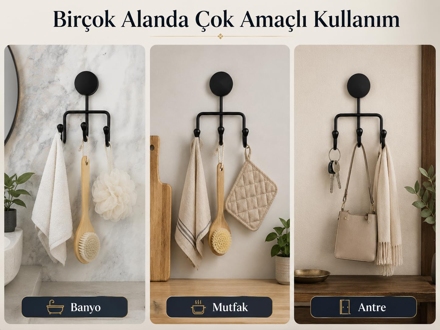 Alper Banyo Lotus Siyah 3 Kancalı Askılık, Yapışkanlı ve Vidalı Montajlı Duvar Askısı, Mat Siyah Statik Boyama, Banyo Mutfak ve Antre İçin Çok Amaçlı Askı