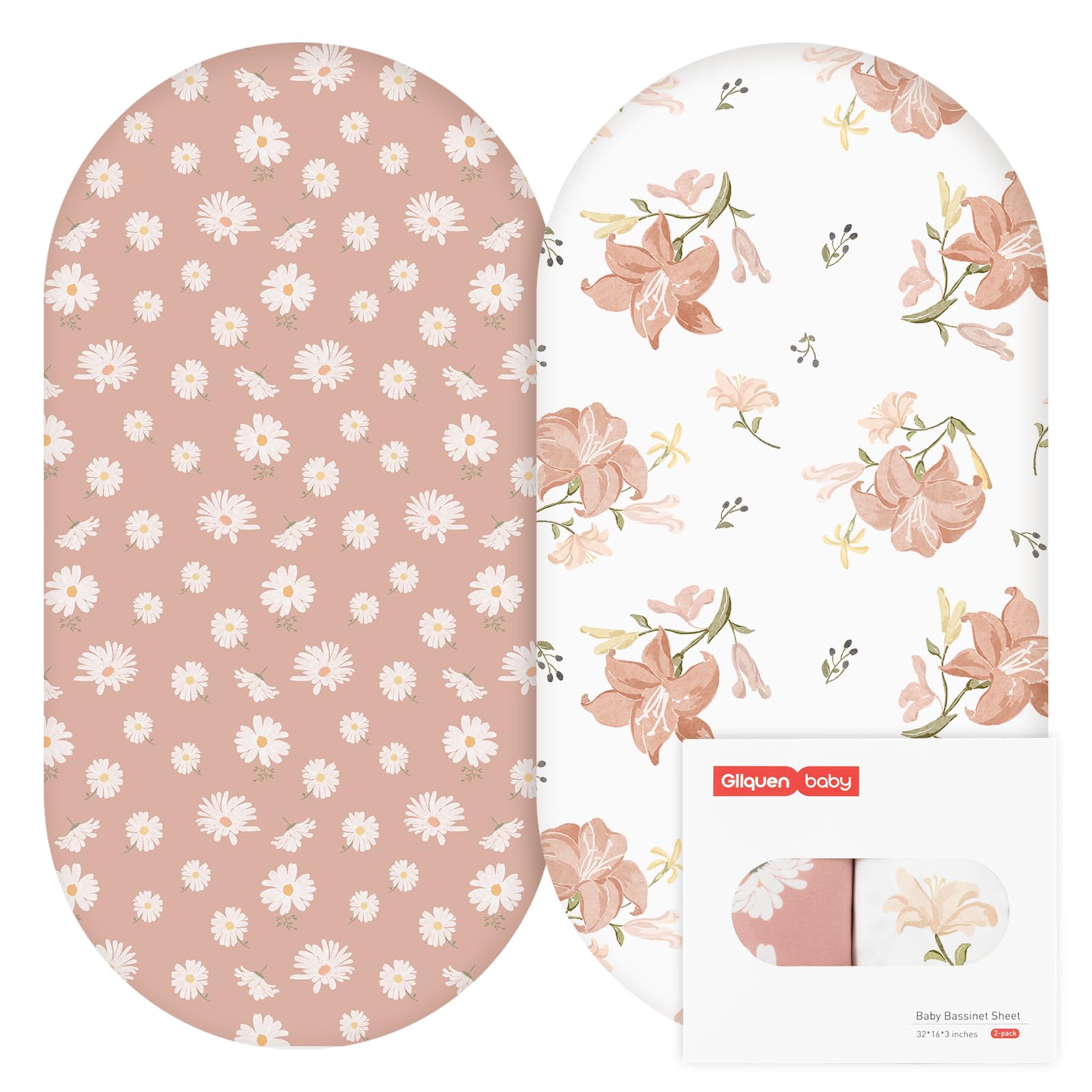 GLLQUEN BABY 2 Pack Moses Basket Fitted Sheets, Newborn Pram Sheets Fitted, 100% Microfiber Oeko-tex100 Cozy and Breathable Crib Baby Bassinet Sheets for Boy and Girl(Flower)