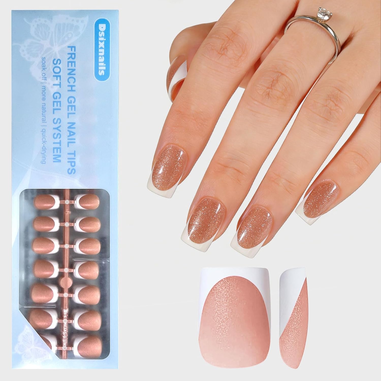 Dsixnails Short Deep Pink Glitter Base Soft French Tip Press on Nails | 160Pcs Square Gel Nail Tips, Salon Quality, No Need to File, Long Lasting Soak Off Fake Nails for Women, 16Sizes