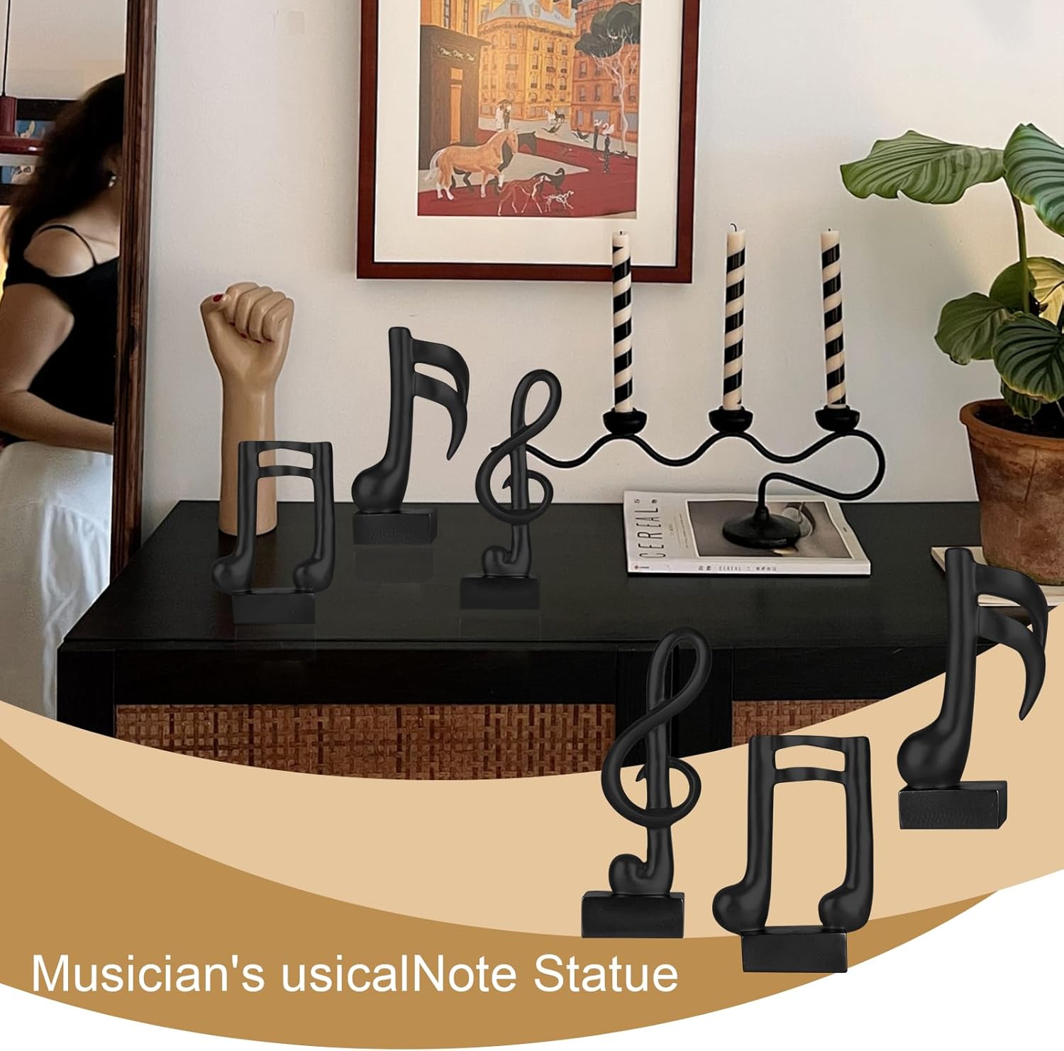 3 Pcs Music Note Sculptures,Handmade Modern Musical Decoration Table Centerpiece Statue for Piano Bookshelf Bathroom Music Room Coffee Table (Black) - Image 6