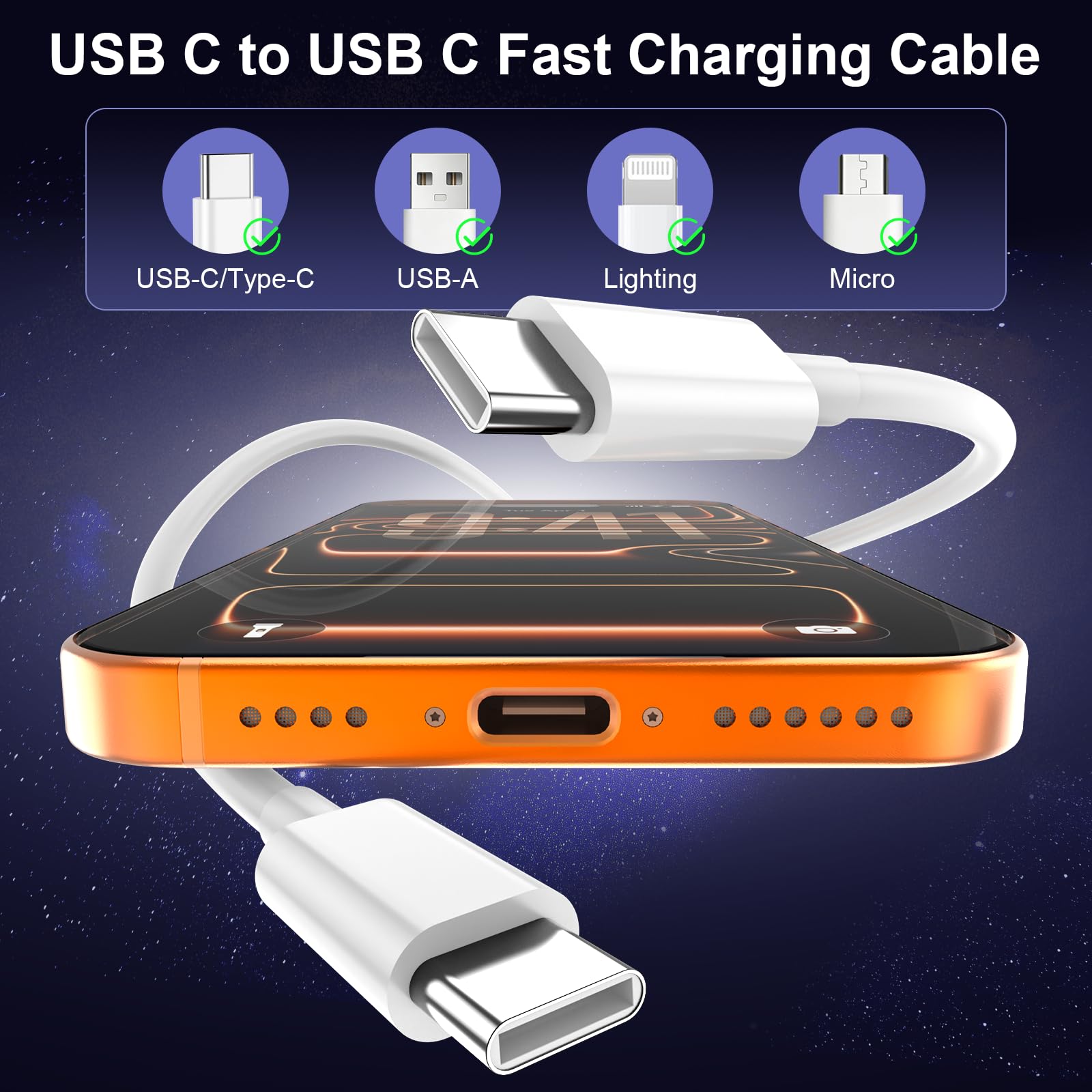 Cavo da USB C a USB C, confezione da 3 [0,9 m + 1,8 m + 3 metri] 60 W cavo di ricarica rapida tipo C, C a C cavo di ricarica rapida per iPhone 17/1615/Pro Max/Pro/Plus/iPad/Air/Galaxy S25/S24/S24+/S24