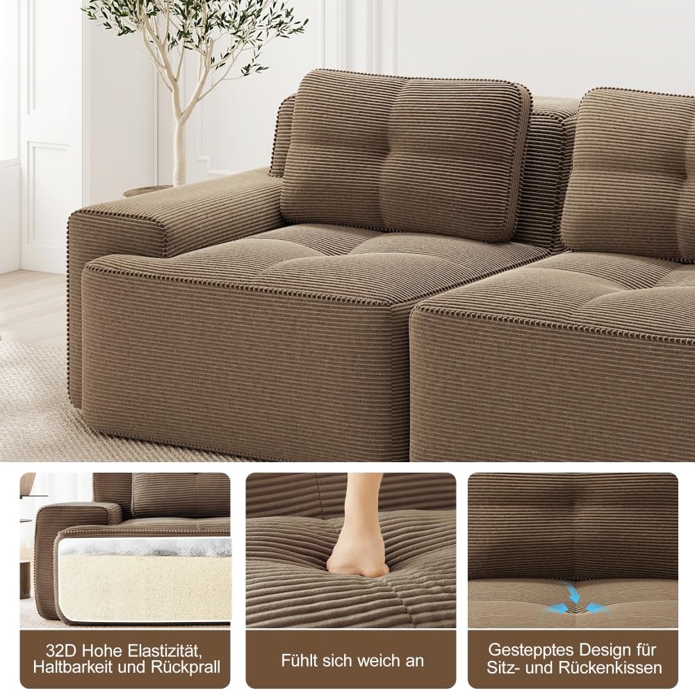 Sapgaks Canapé d'angle Convertible,canapé Convertible 2-4 Places,canapé à Compression modulaire,Rembourrage en éponge Haute densité 32D,Tissu Velours côtelé (Marron, 3 Seats + 2 footrests)