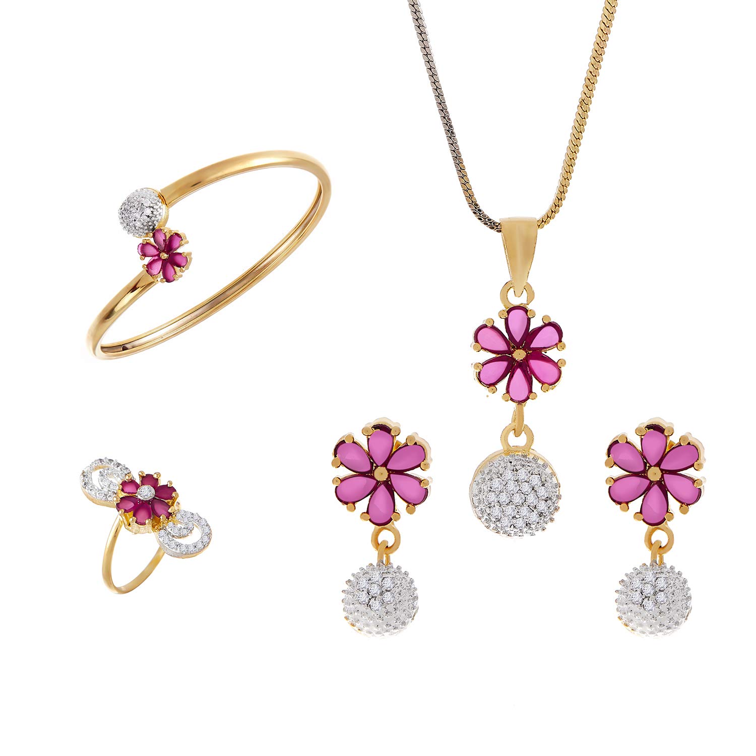 ZENEME Cubic Zirconia Ruby Round Shaped Pendant With Chain Earrings, Bracelet Ring Jewellery For Women (B07NJSPH2P) Amazon Price History, Amazon Price Tracker