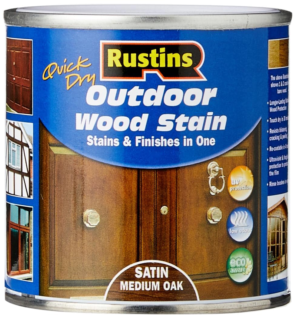 Rustins Medium Oak Quick Dry Outdoor Wood Stain Satin 250Ml- Durable And Weather-Resistant Finish, Fast Drying, Vibrant Color For Decks, Fences, & Furniture, Available In Many Wood Shades