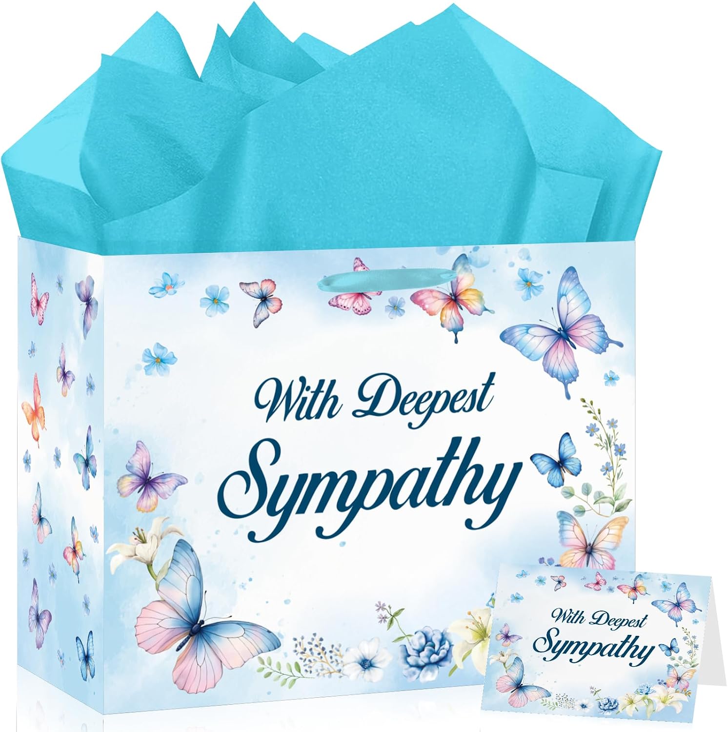 Sympathy Gift Bag for Loss of Loved One, Blue Butterfly Floral Botanical Memorial Gift Wrap Bag with Greeting Card and Tissue Paper, Bereavement Condolence Party Supplies for Funeral Memorial