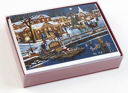 Miniatura 2 de Caja de tarjetas navideñas de pueblo navideño, 15 tarjetas y 16 sobres de papel de aluminio