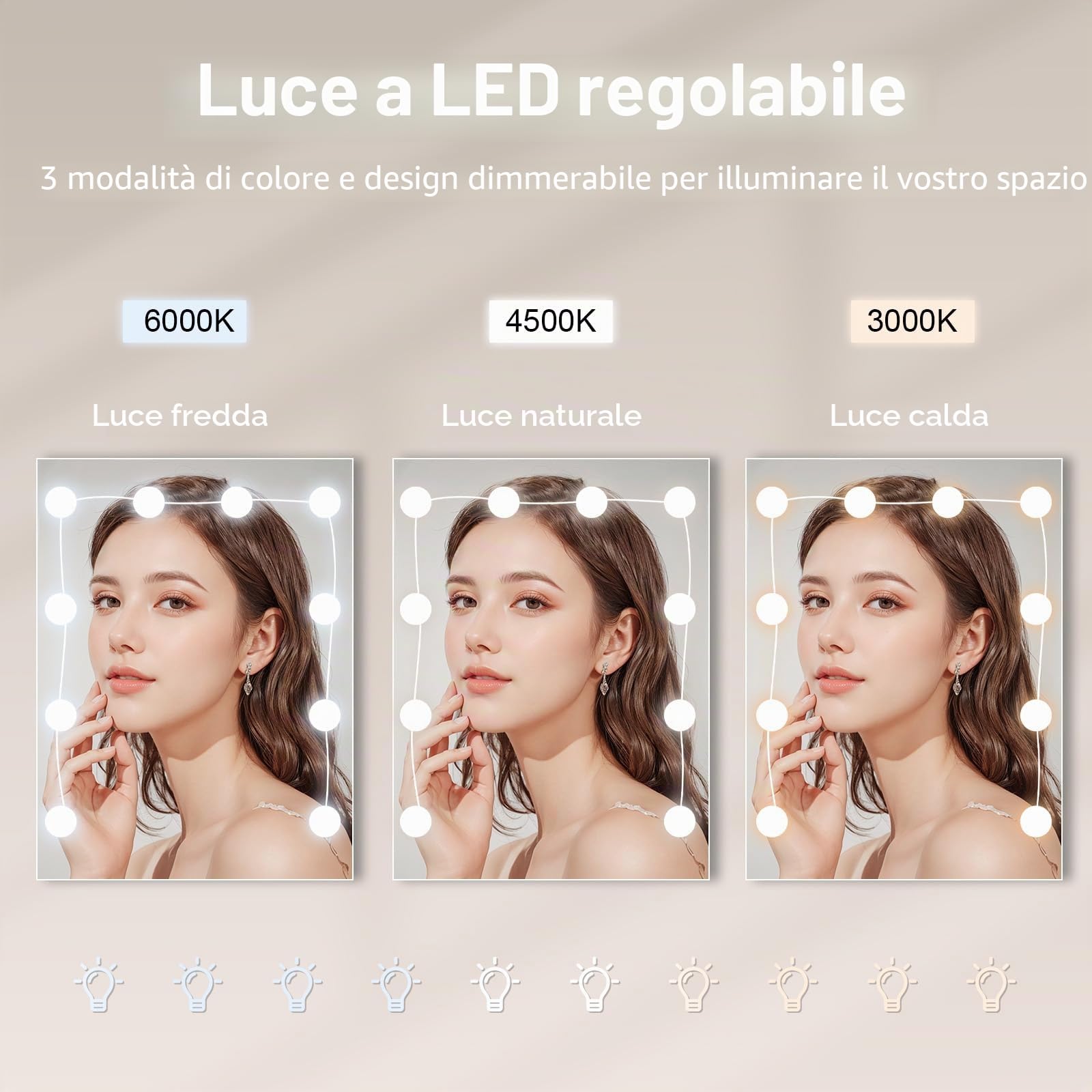 Tavolo da toeletta con 10 luci LED regolabili, specchio, 6 cassetti e 3 ripiani aperti per la camera da letto (manico argentato)