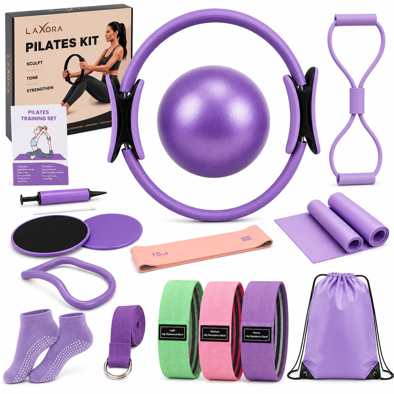 Pilates Workout Kit for Women, Beginner Home Exercise Set with Pilates Ring and Ball, 9 Level Resistance Bands, Sliders and Grip Socks, Starter Home Workout Accessories for Women