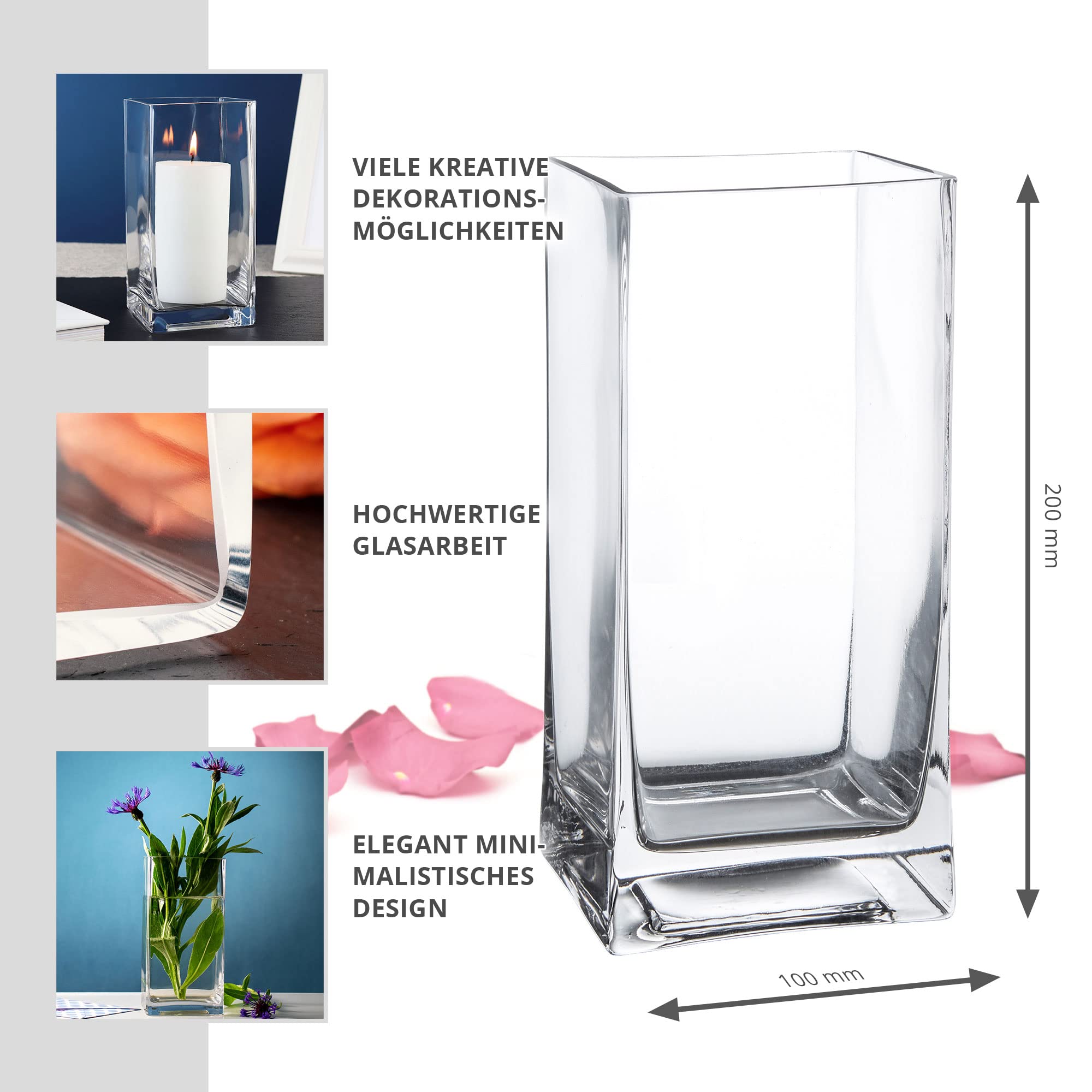 Eckige Blumenvase aus Klarglas, Glasvase für Schnittblumen, Deko-Vase zum Geburtstag oder zum Muttertag