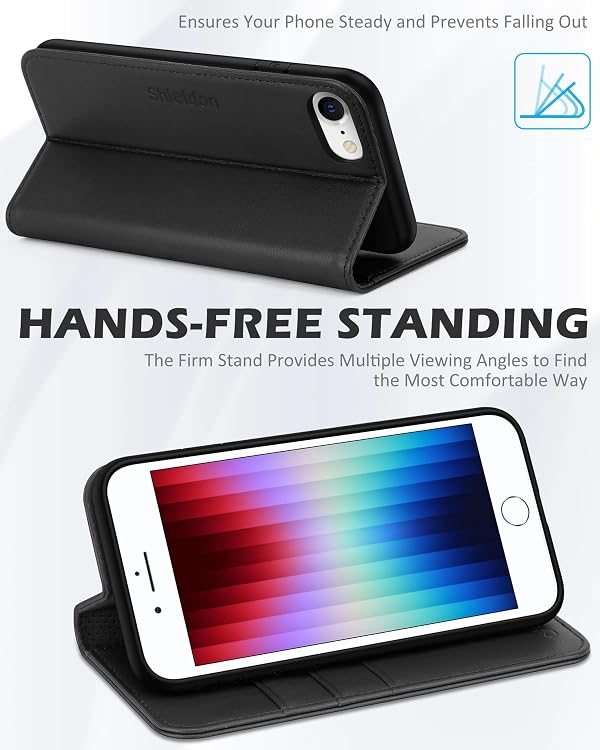 SHIELDON Case for iPhone SE 2022/SE 2020, Genuine Leather Card Holder Magnetic Stand Flip Book Cover Shockproof Protection Case Compatible with iPhone SE3/SE2/8/7 - Black by SHIELDON - Image 5